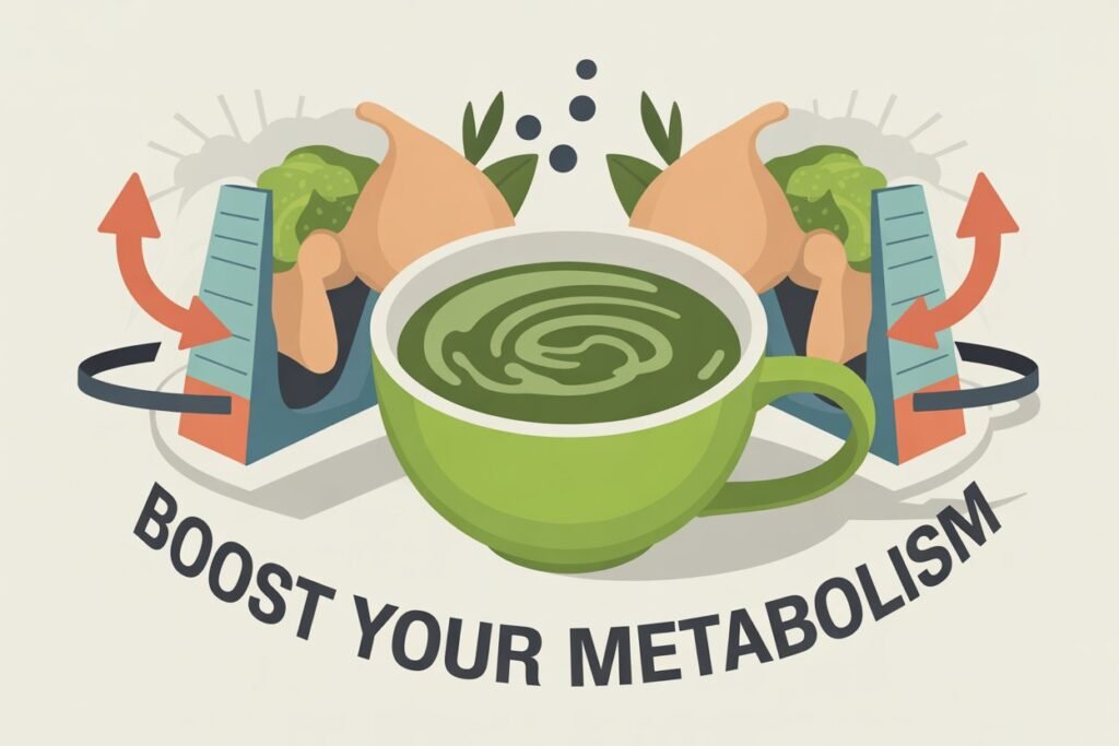 Illustration of a green tea cup with text 'BOOST YOUR METABOLISM', representing fat burning tea for green tea weight loss.