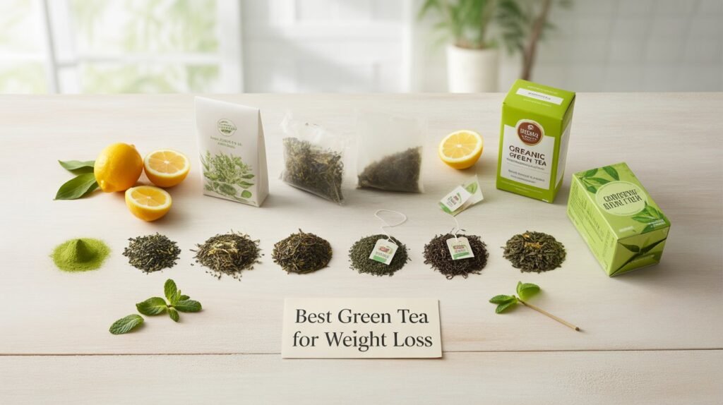 Flat lay of various best green tea for weight loss types, including loose leaf, matcha, and tea bags, showing options for fat burning tea and metabolism boost.