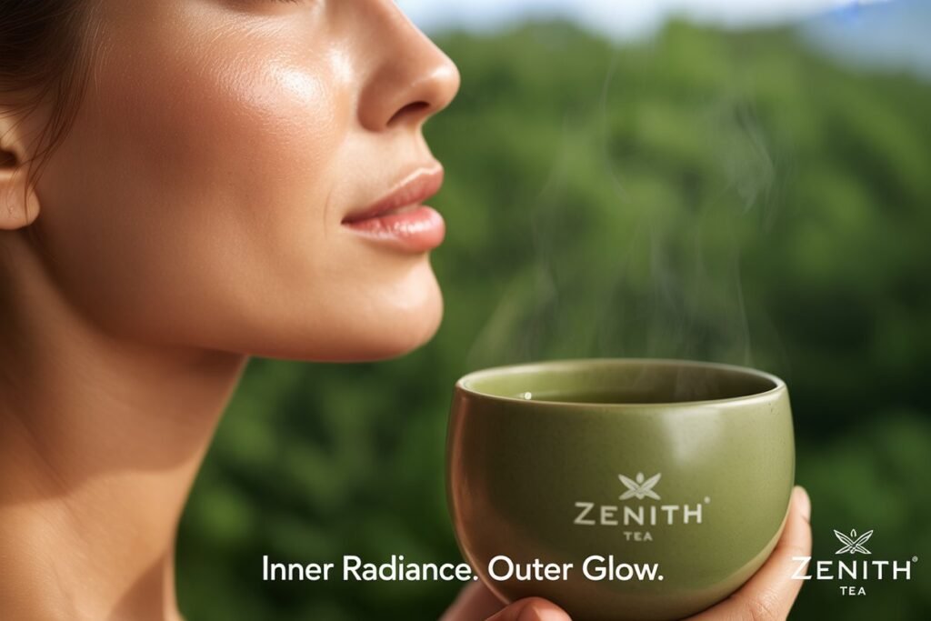Close-up of woman holding steaming cup, illustrating green tea for weight loss, inner balance, and healthy glow for green tea weight loss.