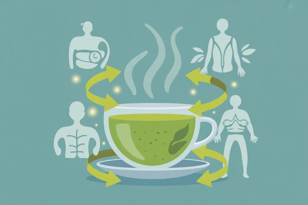 Illustration of a steaming green tea cup surrounded by human body outlines with arrows, symbolizing green tea for weight loss and its systemic metabolism boost and fat burning effects.