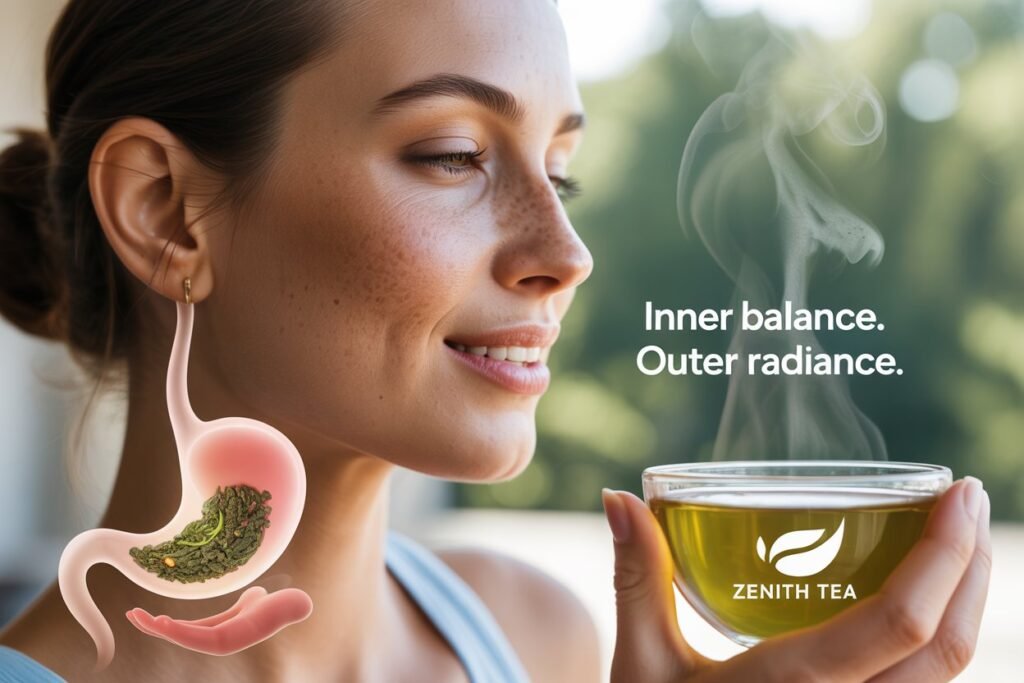 Woman with transparent stomach overlay showing tea, illustrating green tea for weight loss, fat burning, and appetite control.