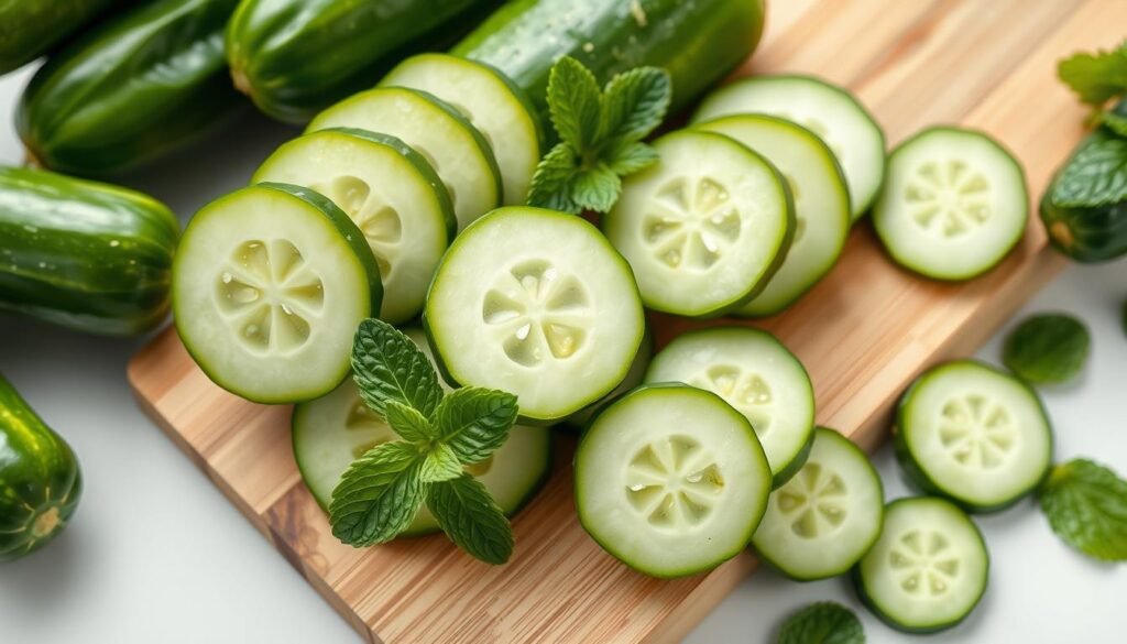 Sliced fresh cucumbers with mint on a wooden board, perfect for health and wellness, skincare, and AHA-rich hydration.