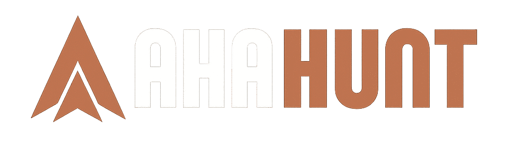 AhaHunt logo featuring an arrow and bold text in a modern peach color