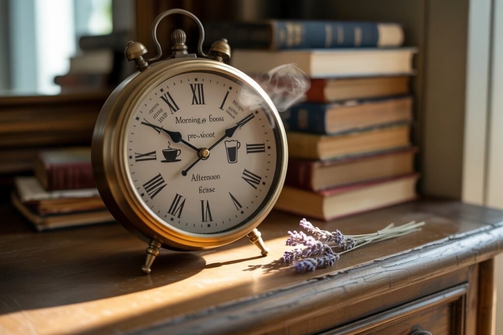 Antique clock indicating optimal times for green tea for weight loss: morning, pre-workout, and afternoon, supporting metabolism boost and fat burning.