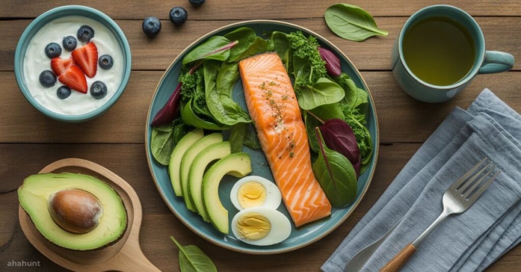 Healthy foods for weight loss and belly fat including salmon, eggs, avocado, and green tea