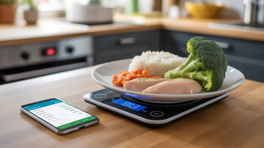 Food portions on kitchen scale with calorie tracking app for calorie deficit