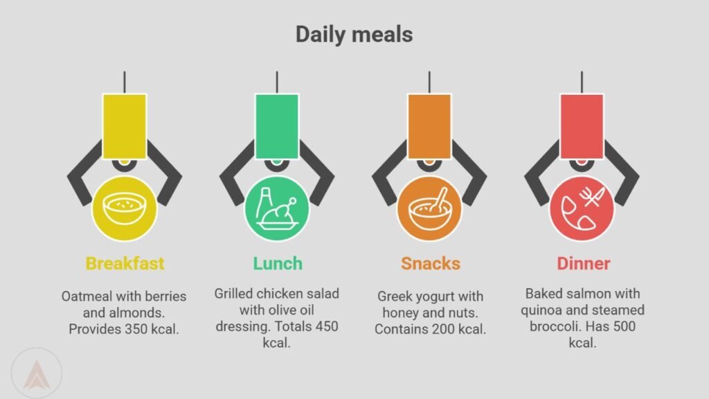Infographic showing a daily meal plan with calorie counts for breakfast, lunch, snacks, and dinner, represented with colorful icons and descriptions.