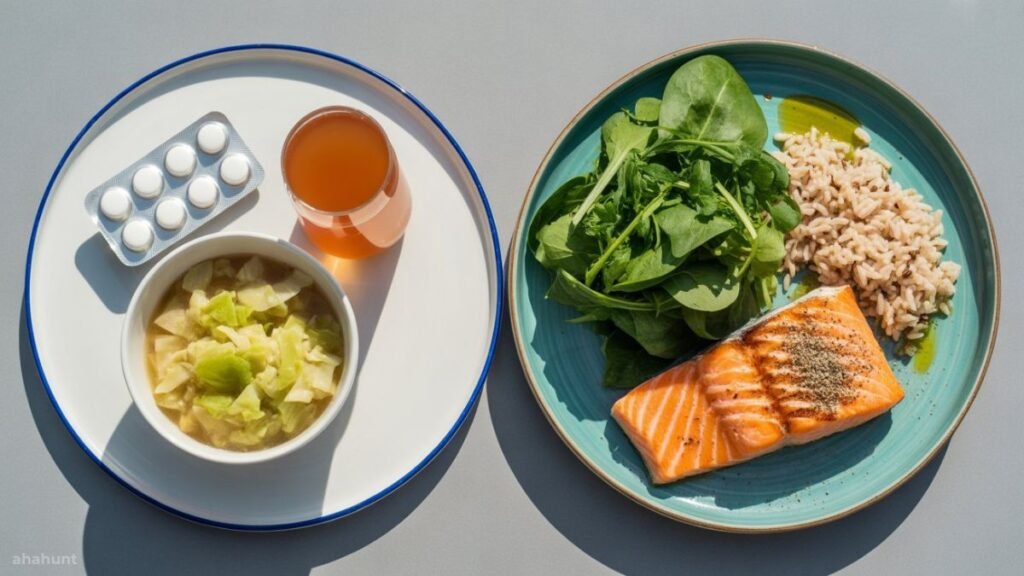 Plate comparison showing fad diets vs sustainable balanced eating