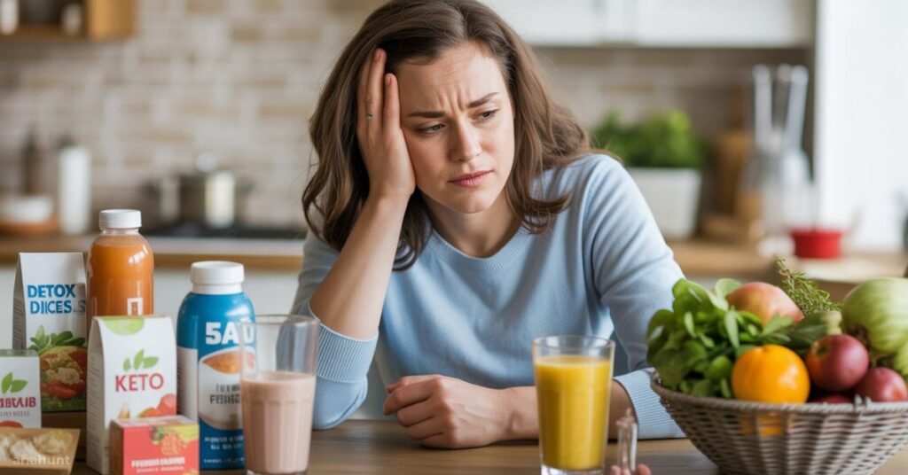 Woman looking frustrated with trendy diet foods on table showing why fad diets fail