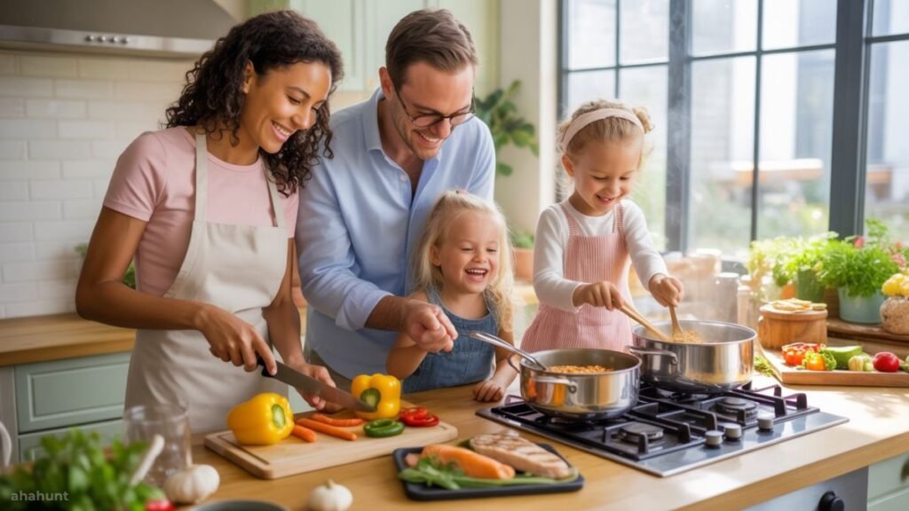Family cooking balanced meals showing science-backed healthy alternatives