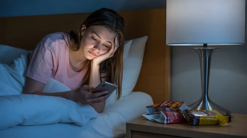 Sleep-deprived woman looking at phone at night with junk food nearby