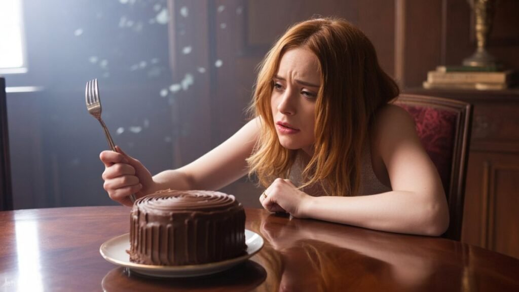 Woman stressed and craving dessert showing food obsession from fad diets