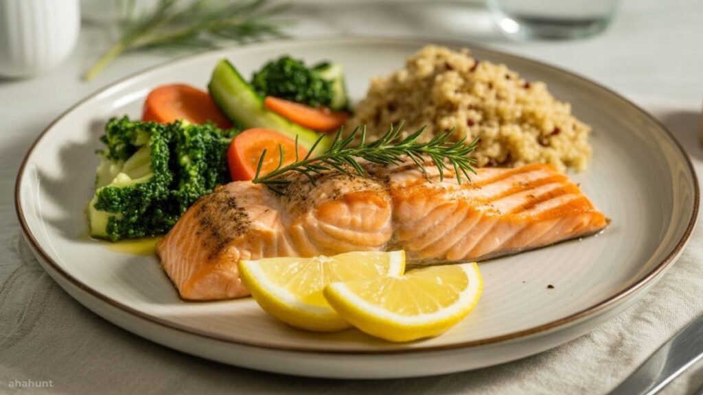 Grilled salmon with vegetables as healthy omega-3 food for belly fat loss