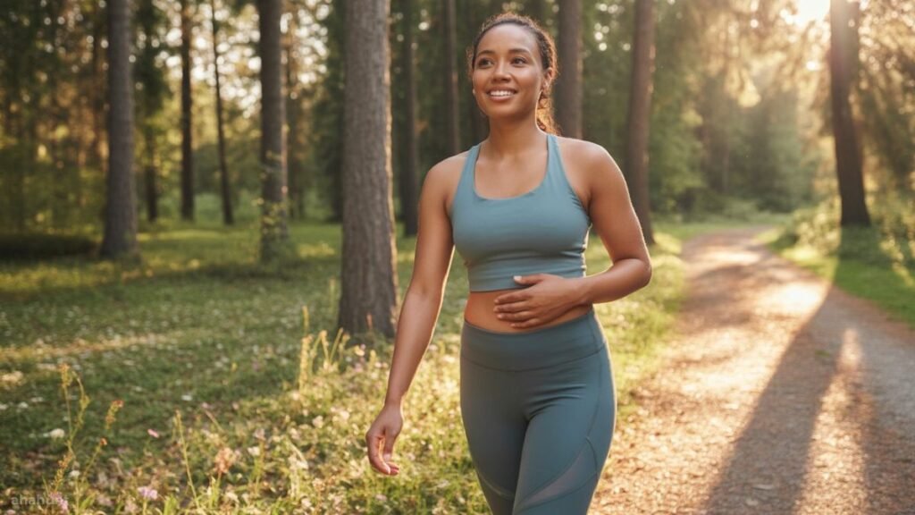 Walking to lose belly fat – Woman walking outdoors in workout clothes.