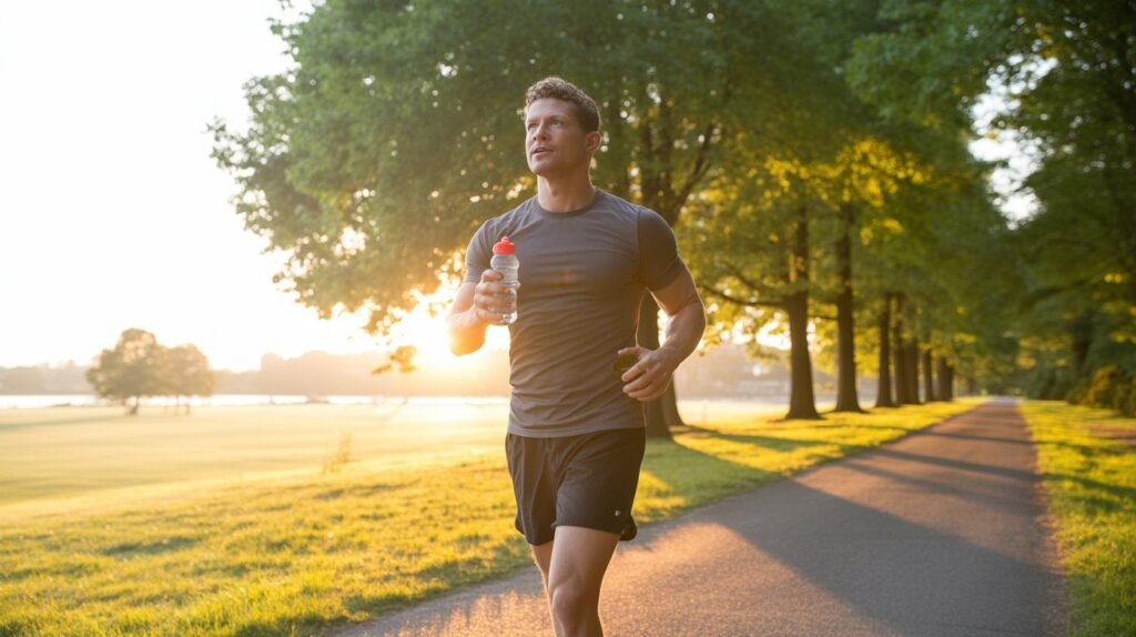 Walking for weight loss, Man brisk walking in the park at sunrise.