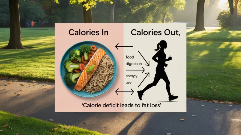 Split infographic showing grilled salmon and quinoa as "Calories In" and a jogger as "Calories Out" in a park, with arrows explaining calorie deficit through digestion and energy use