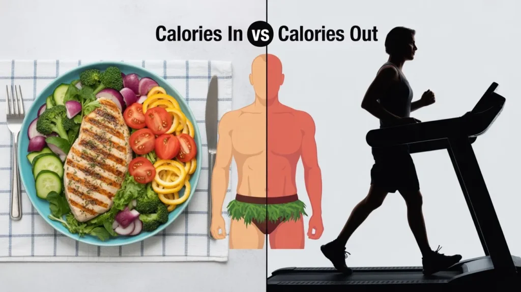 An infographic split down the middle. On the left, a plate with a grilled chicken breast and a salad represents "Calories In." On the right, a silhouette of a person running on a treadmill represents "Calories Out.