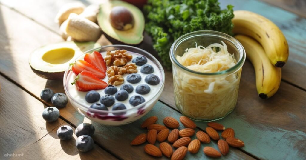 Gut boosting foods like yogurt, sauerkraut, avocado, garlic, and leafy greens on a rustic table.