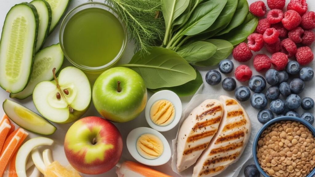 A collection of essential low-calorie foods like cucumber, green tea, and lean proteins for weight loss.