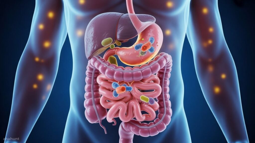 Illustration of gut microbiome with healthy bacteria in the digestive system.