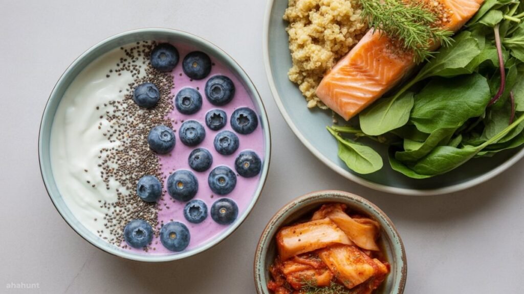 Gut boosting meals including yogurt bowl, salmon with quinoa, and kimchi.
