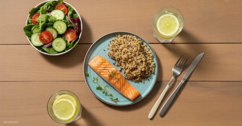 Flat lay of a balanced low-calorie meal with salmon, quinoa, and salad for weight loss.